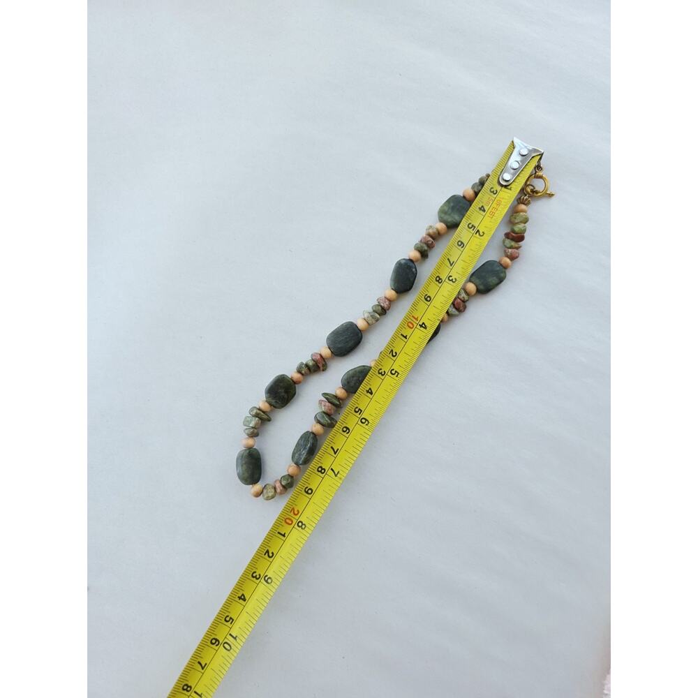 Handmade Gem Stone Beaded Artisan Necklace Nephrite & Unakite Green Choker Boho - Picture 10 of 10